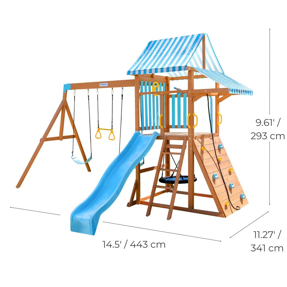 Laguna Wooden Swing Set with Slide & Rock Wall - Aqua & Natural - Image 10