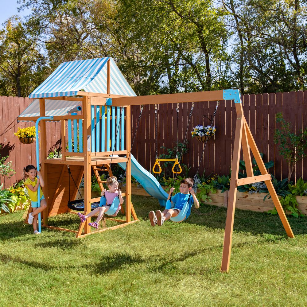 Laguna Wooden Swing Set with Slide & Rock Wall - Aqua & Natural - Image 2