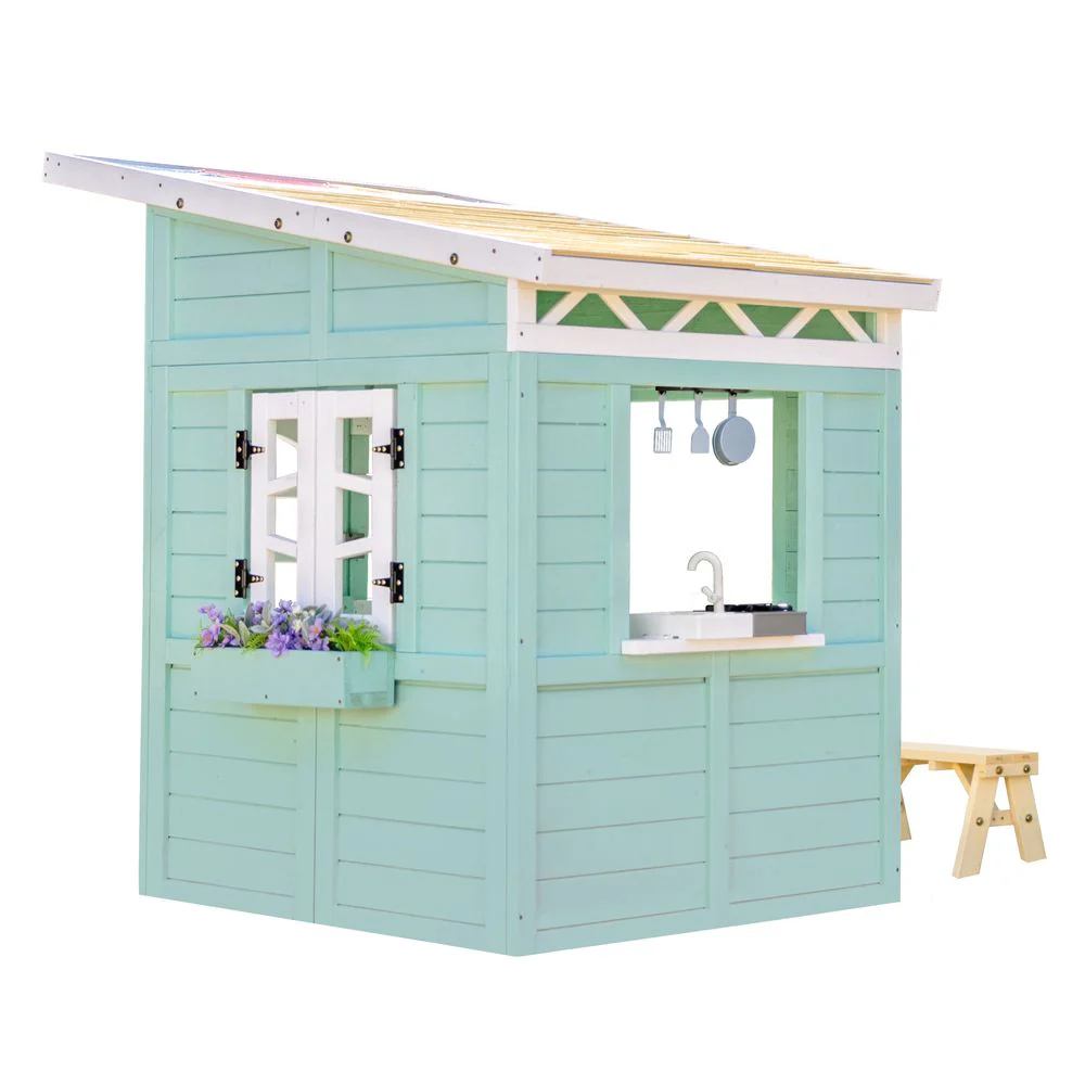 Rainbow Shade Wooden Playhouse with Kitchen, Flower Box & Bench - Blue - Image 10