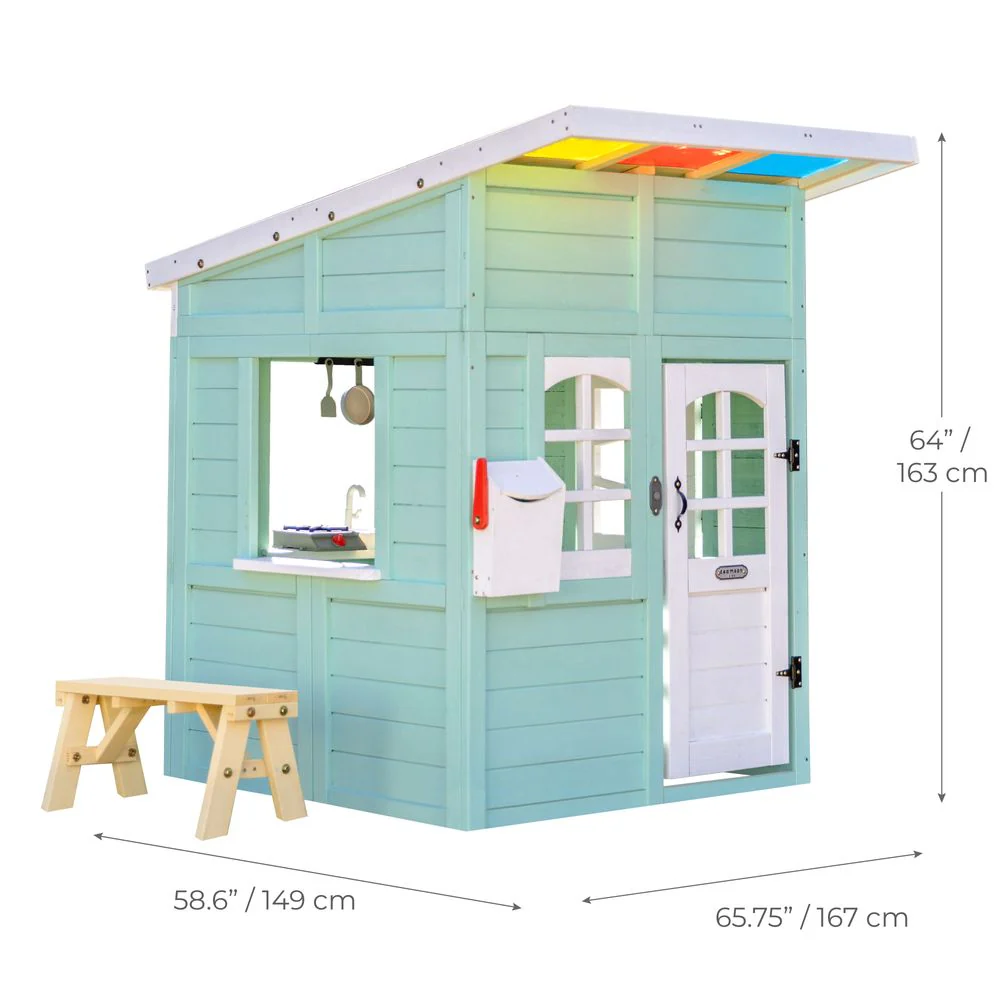 Rainbow Shade Wooden Playhouse with Kitchen, Flower Box & Bench - Blue - Image 11